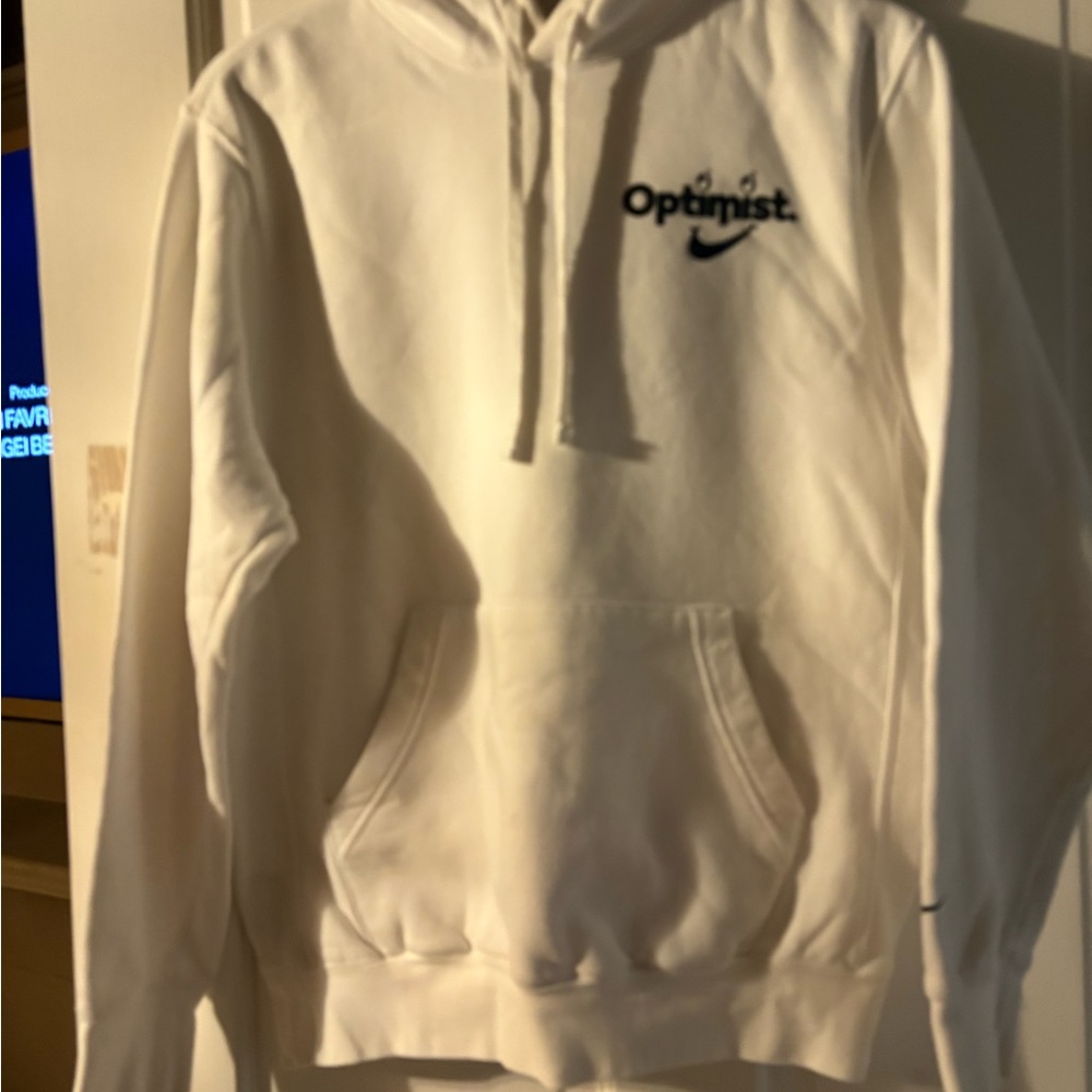 Nike White Hoodie with Black 'Optimist' Logo